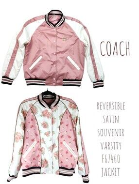 Coach Reversible Varsity Souvenir Jacket Women L Pink Floral Satin Bomber F67460